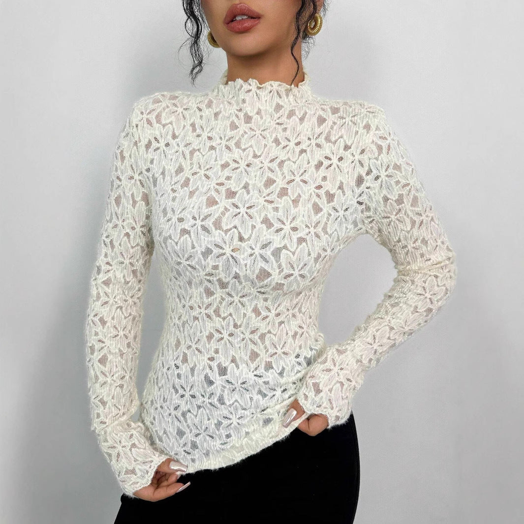 Maglietta aderente in pizzo con collo alto e orecchie in legno da donna