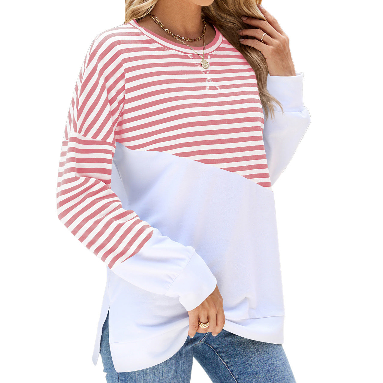 Maglione girocollo casual alla moda con design diviso Abbigliamento da donna