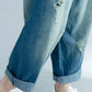 Washed Jeans Strap Adjustable Make Old Ripped Large Pocket Women