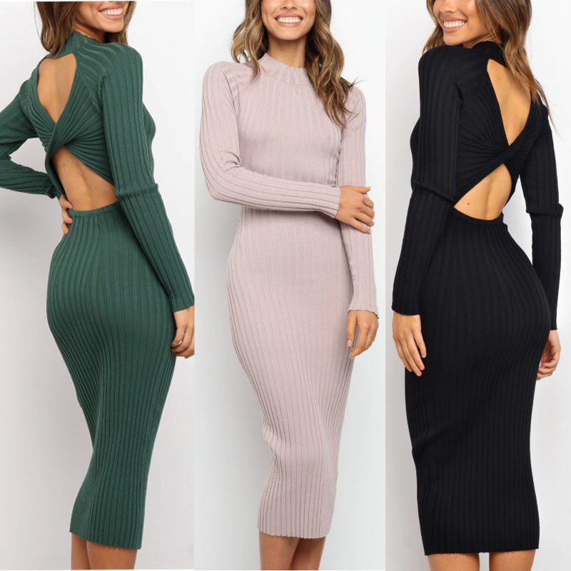 Nuovo stile abiti da donna abiti in maglia abiti da donna tinta unita senza schienale con fiocco attillato
