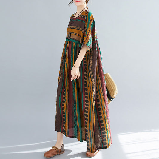 New Literary Large Loose Stripe Printed Short-sleeved Dress For Women