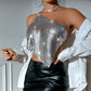 Top con spalline sottili e cuciture in strass, casual, da donna