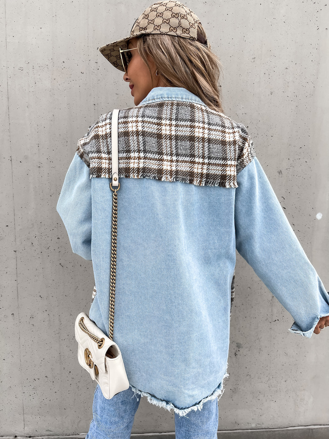 Denim Stitching Plaid Mantel Loose Top Damen
