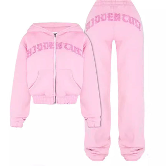 Ins Letter Sports Suit Zip-up Hooded Cropped Sweatshirt