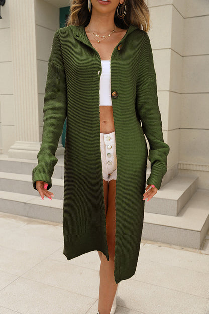 Cardigan in maglia tinta unita con cappuccio a maniche lunghe, lungo, lavorato a maglia, cappotto da donna