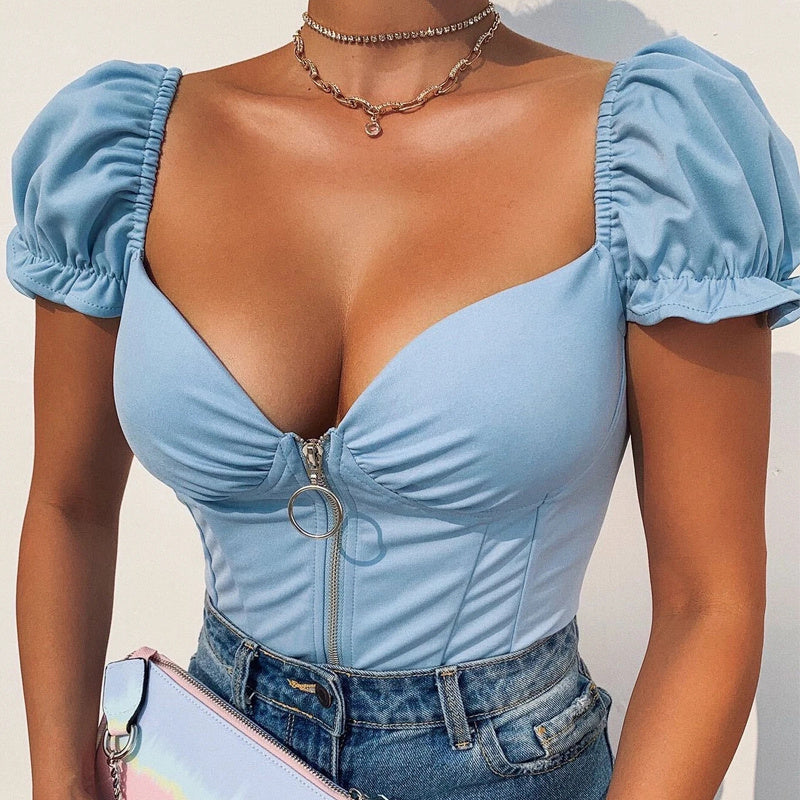 Women's Fashionable Printed Puff Sleeve Short Sleeve Top