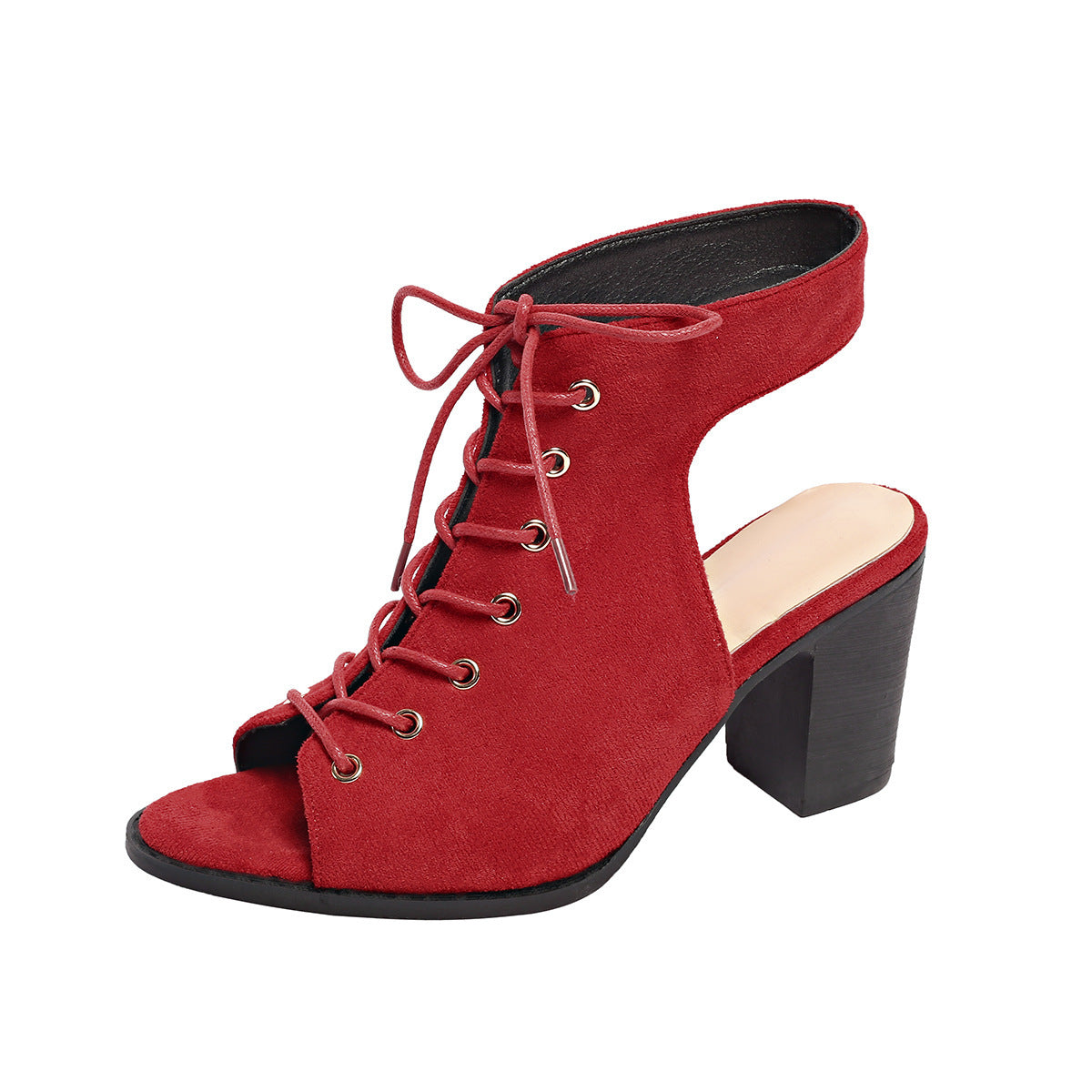 Sandali con tacco spesso e lacci, scarpe estive alla moda con punta aperta per le donne