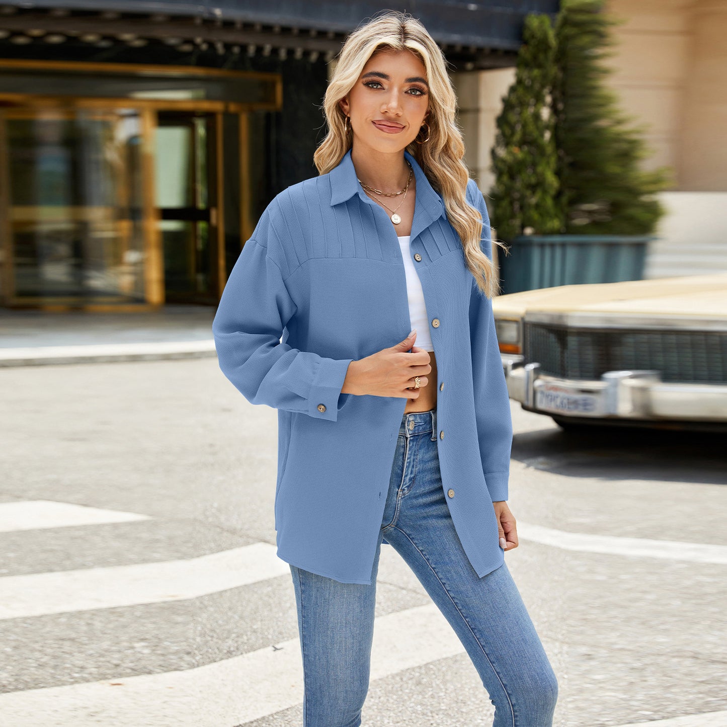 Camicia monopetto con risvolto alla moda, ampia, tinta unita, manica lunga, abbigliamento da donna