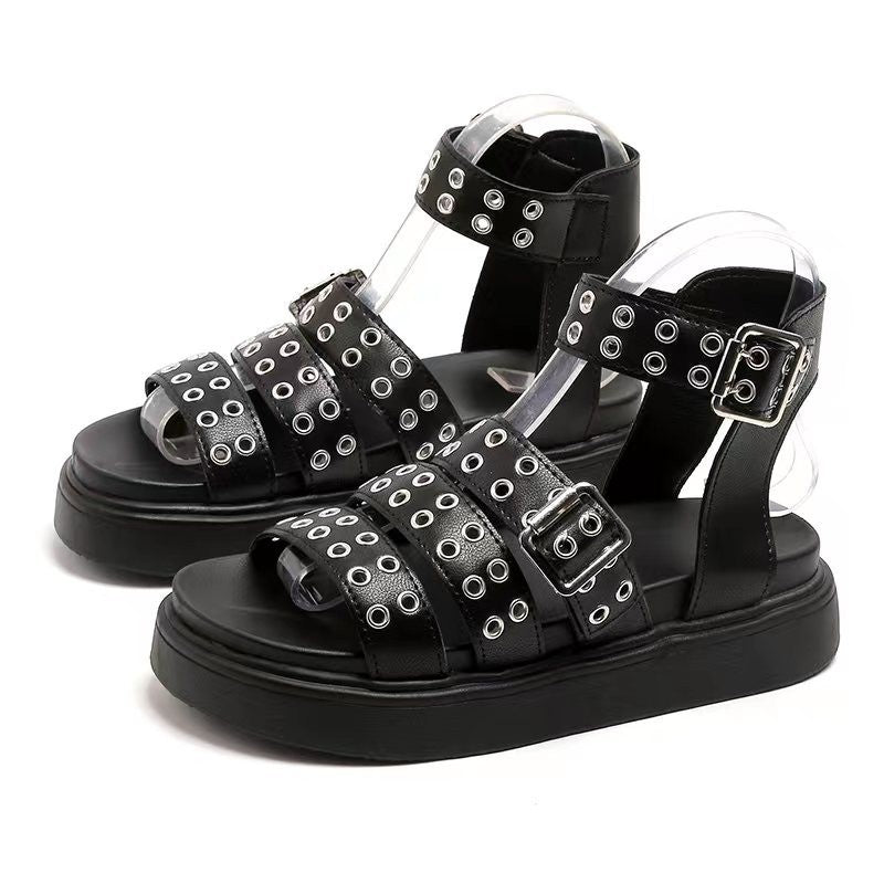 Damen-Sandalen mit offener Spitze und dicker Sohle, Outdoor-Nietenknopf