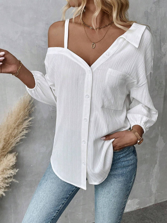 Nuova moda street style casual camicia asimmetrica con spalle scoperte