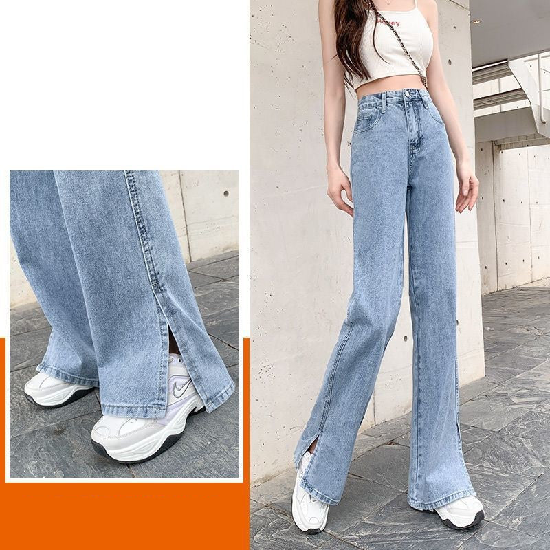 Frauen Split Weites Bein Jeans Hohe Taille Drapieren Lose Gerade Und Dünn