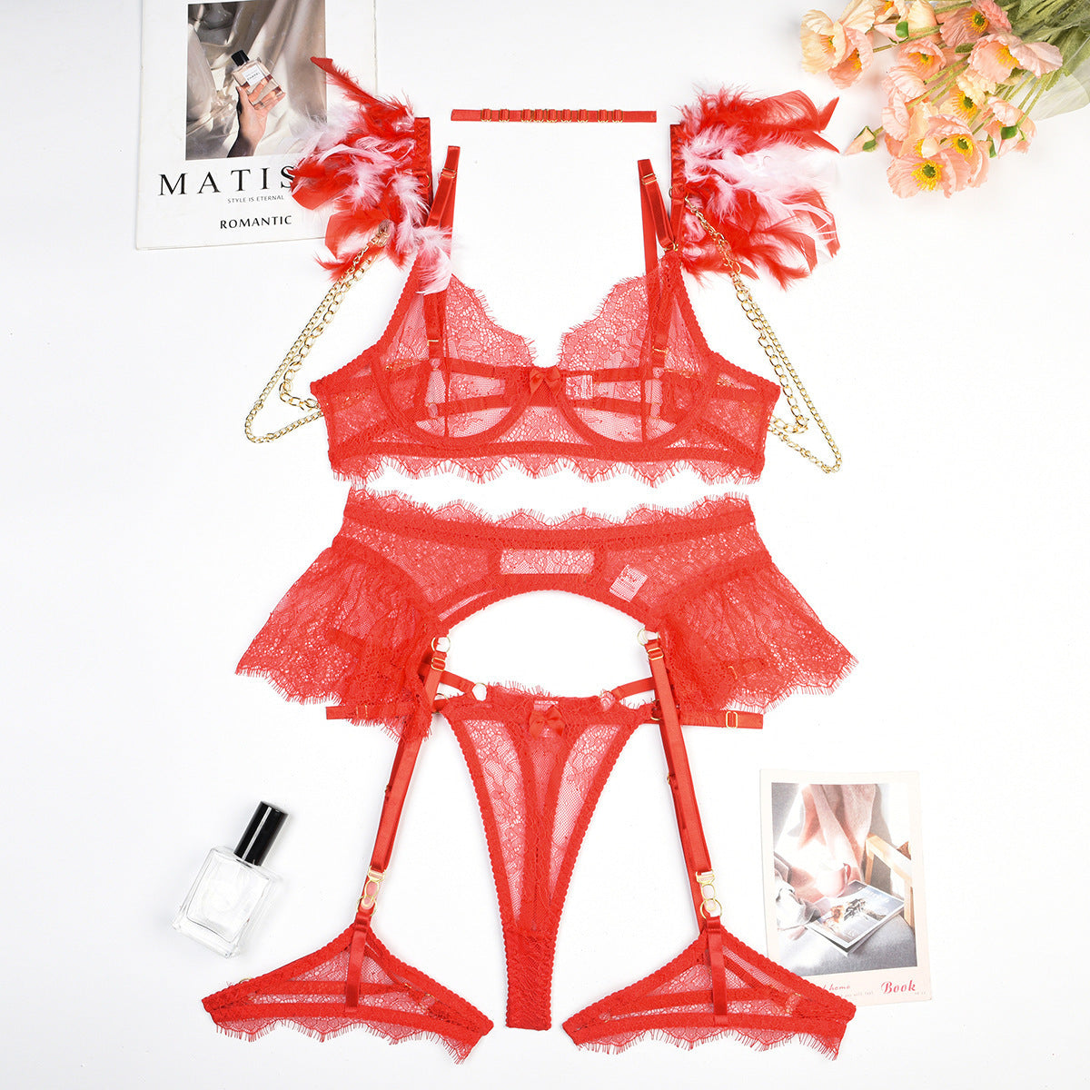 Piuma pizzo catena pesante industria biancheria intima tuta in magazzino donne