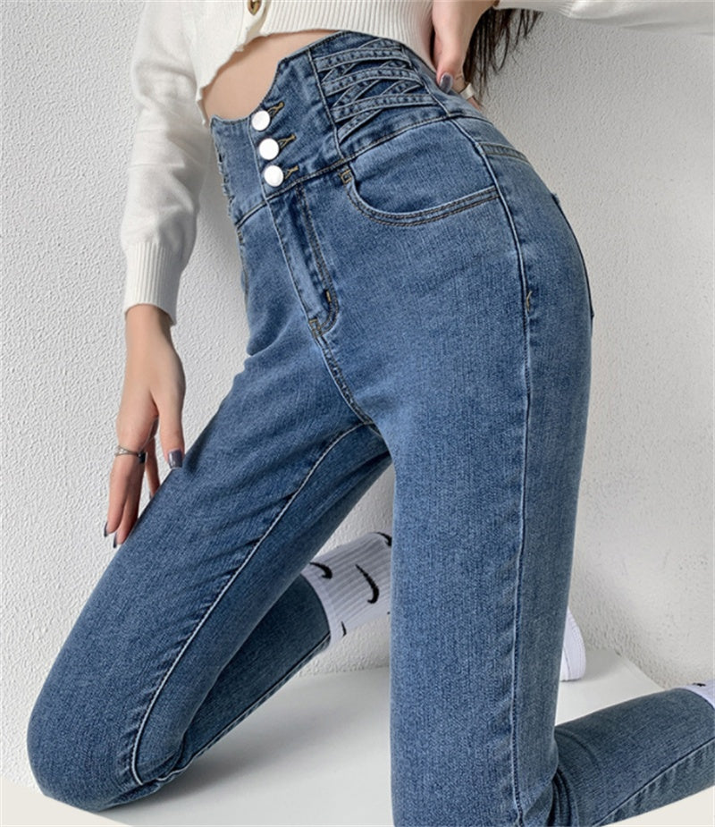 Tight High Waist And Small Feet Belly Women's Denim Trousers