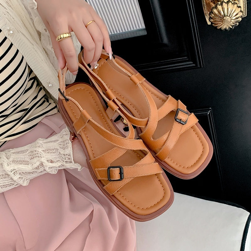 Sandali con punta aperta in vera pelle con cinturino incrociato retrò, eleganti scarpe da spiaggia in stile romano con tacco basso