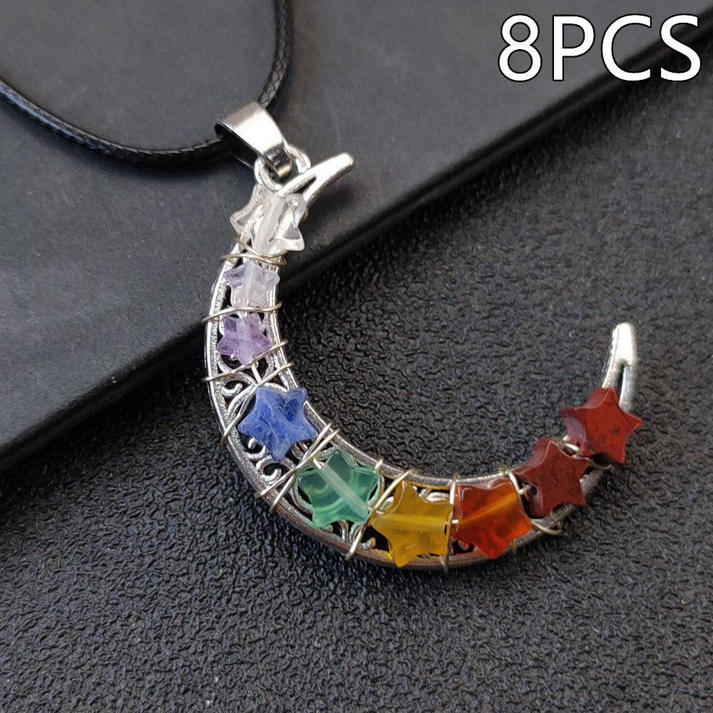 Collana con pentagramma a forma di luna e sette chakra in pietra di cristallo