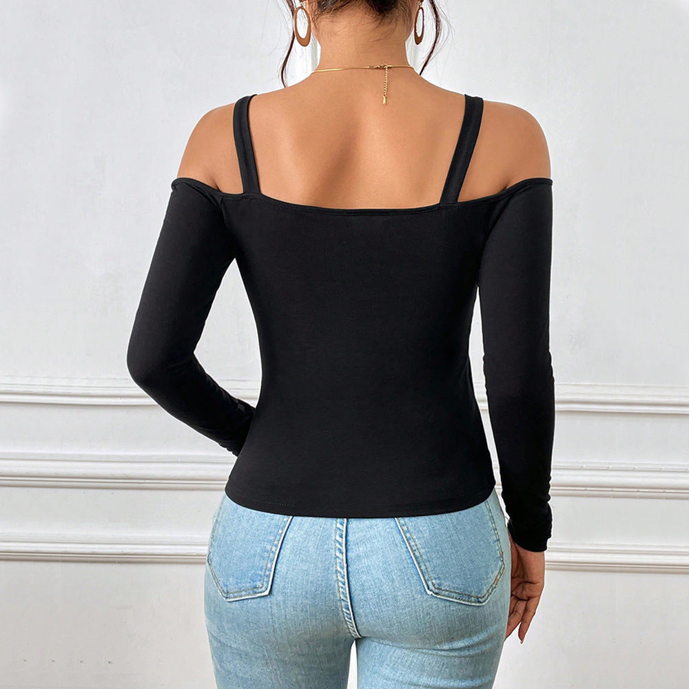 Damen Frühling und Sommer Mode Einfache Hosenträger Off-Shoulder Metall Haken Langarm Sexy Top