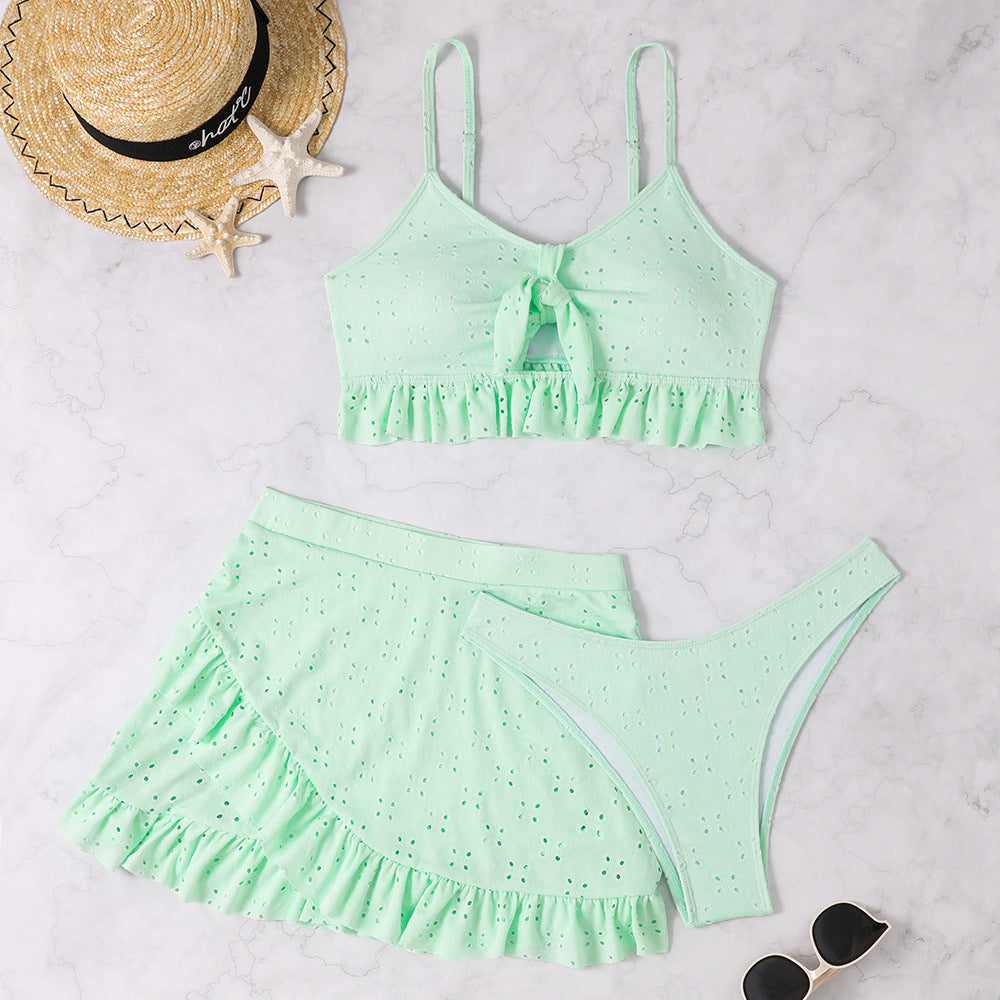 3-teiliger Strandbikini mit hüftbetontem Rock, modisches Rüschendesign, Badeanzug-Set, Sommer-Damenbekleidung