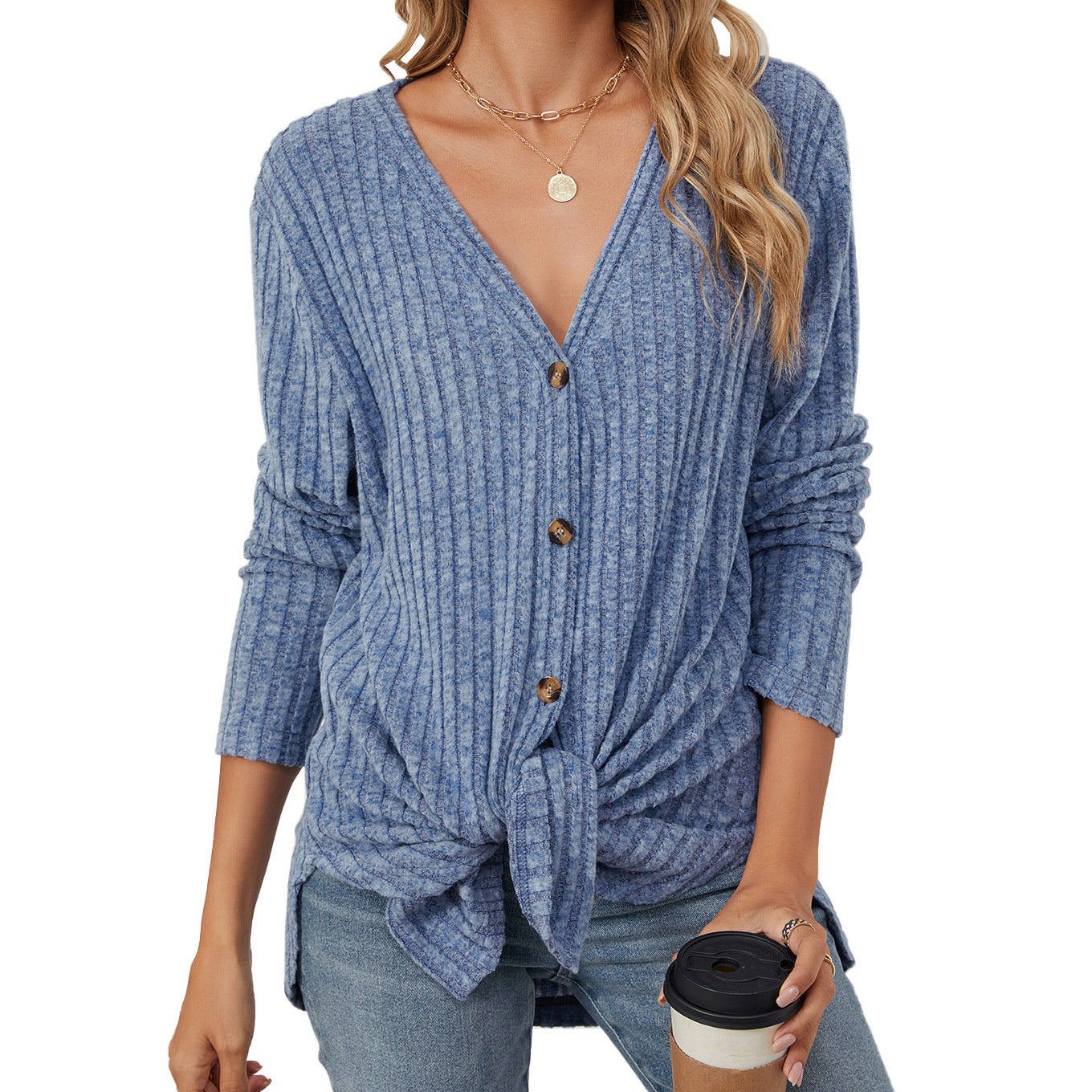 Cardigan con bottoni a maniche lunghe in tinta unita, lavorato a maglia e cappotto smerigliato