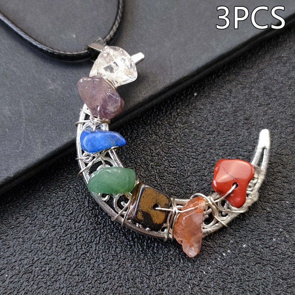 Collana con pentagramma a forma di luna e sette chakra in pietra di cristallo
