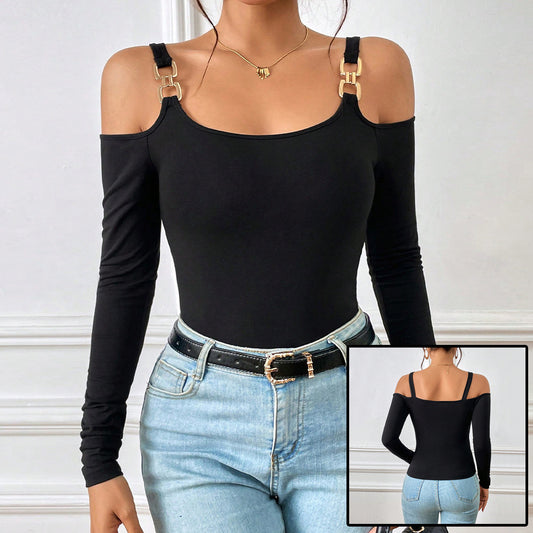Damen Frühling und Sommer Mode Einfache Hosenträger Off-Shoulder Metall Haken Langarm Sexy Top