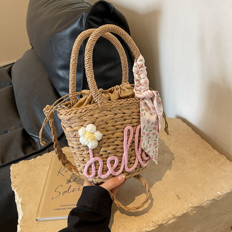 Borsa a mano intrecciata da donna, borsa a tracolla in paglia con lettera alla moda