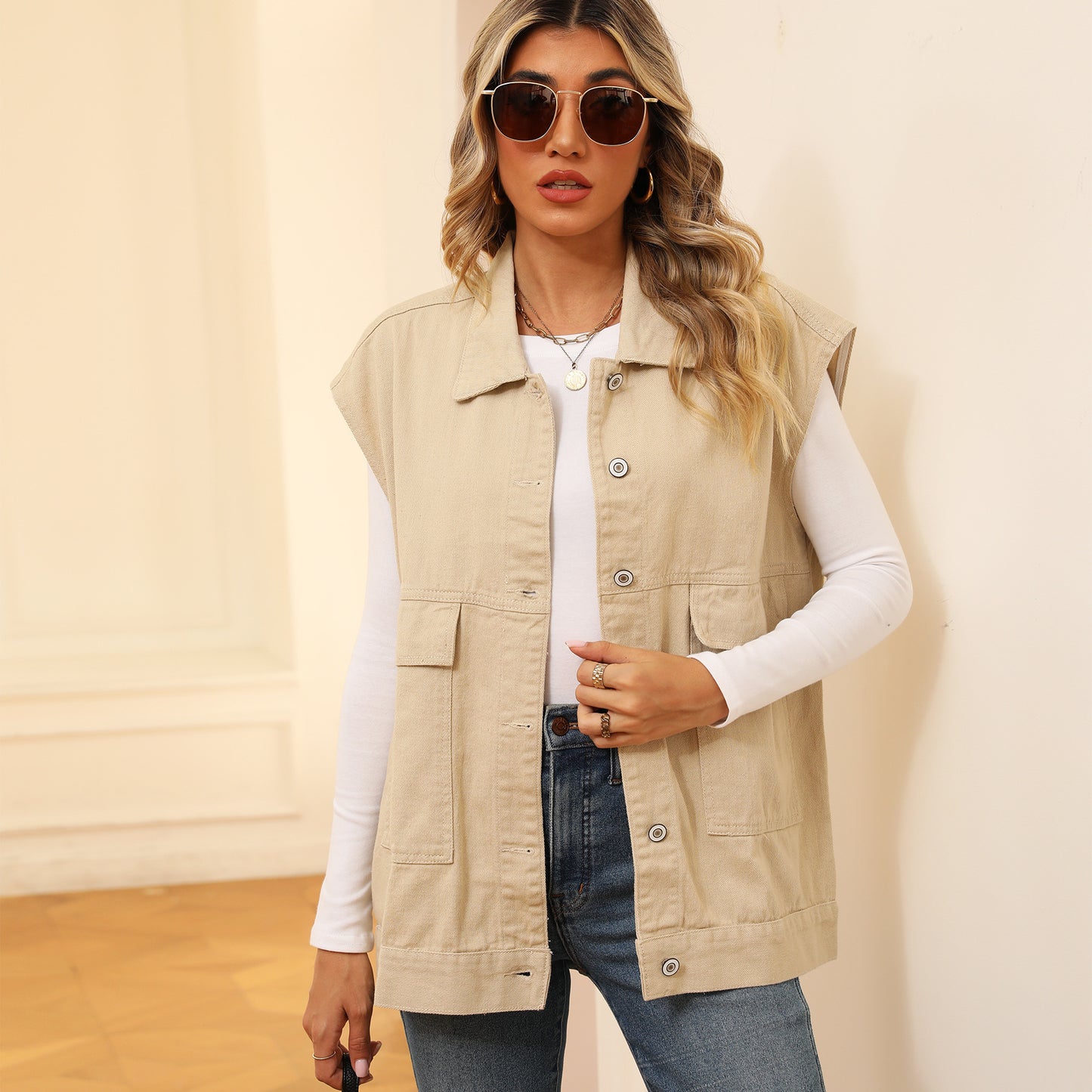 Gilet in denim con grandi tasche, gilet senza maniche alla moda per abbigliamento da donna
