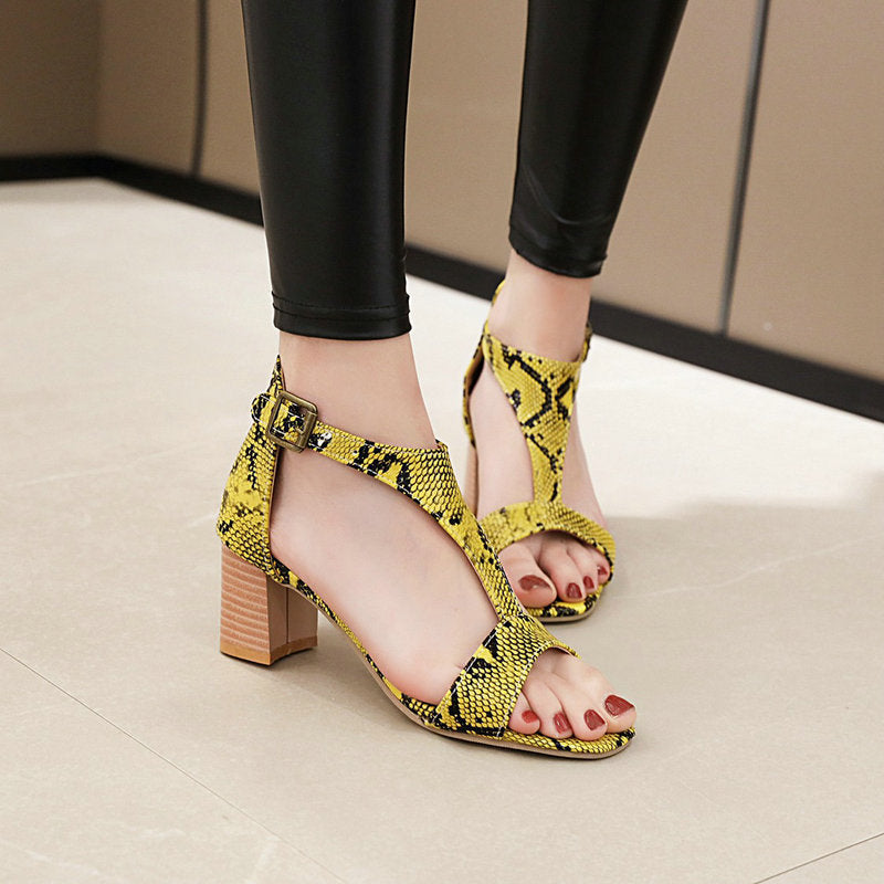 Snakeskin high-heeled chunky sandals