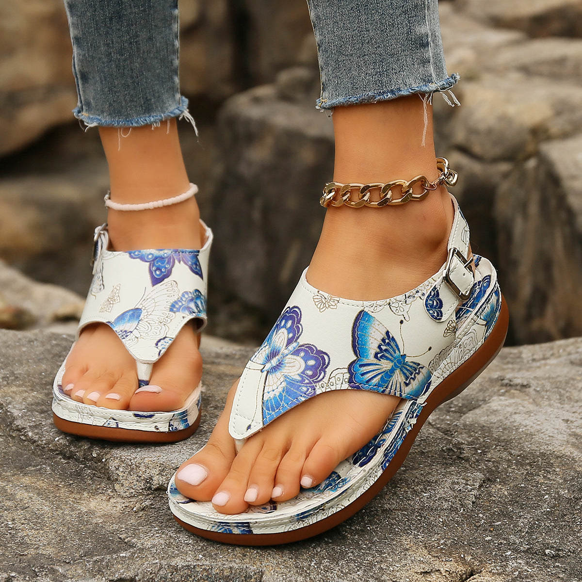 Sandali con zeppa e fibbia sul retro con fiori, casual, da donna