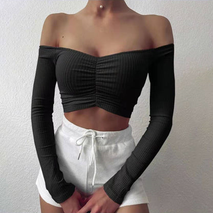 One-line Collar Sweet Slim Long-sleeved Solid Color Bottoming Shirt Women