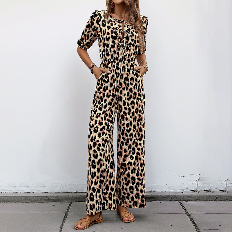 Tuta europea e americana con vita alta annodata e stampa leopardata, pantaloni monopezzo