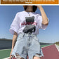 Bedruckte, lockere, zerrissene Jeansshorts für Damen in Übergröße mit hoher Taille