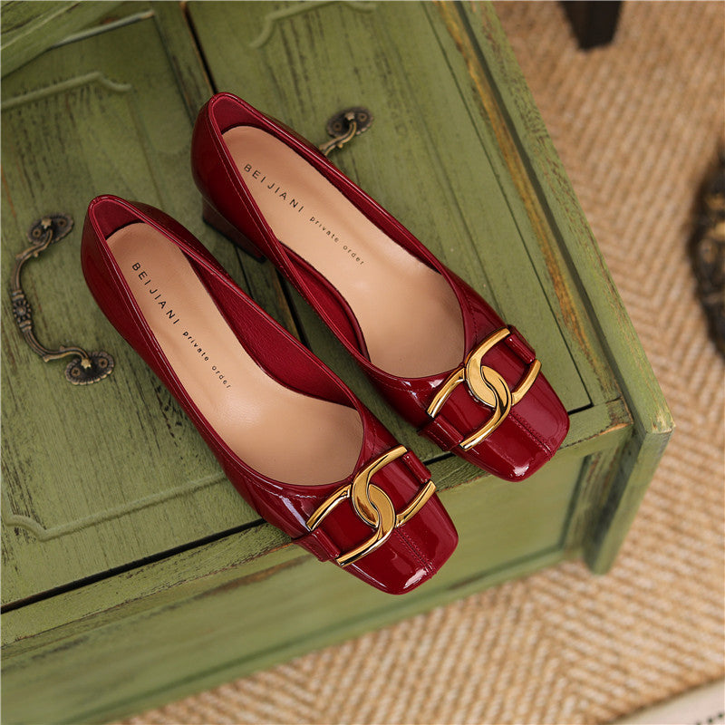 Sheepskin Square Toe High Heels Women's Thick Heel Patent Leather Metal