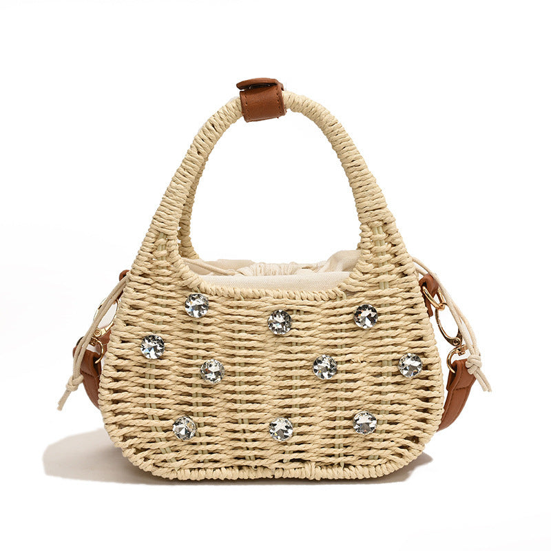 Borsa a tracolla portatile con strass da donna, borsa intrecciata
