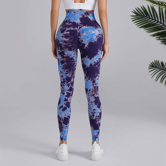 Pantaloni da yoga con stampa tie-dye, alla moda, senza cuciture, a vita alta, con sollevamento dei fianchi
