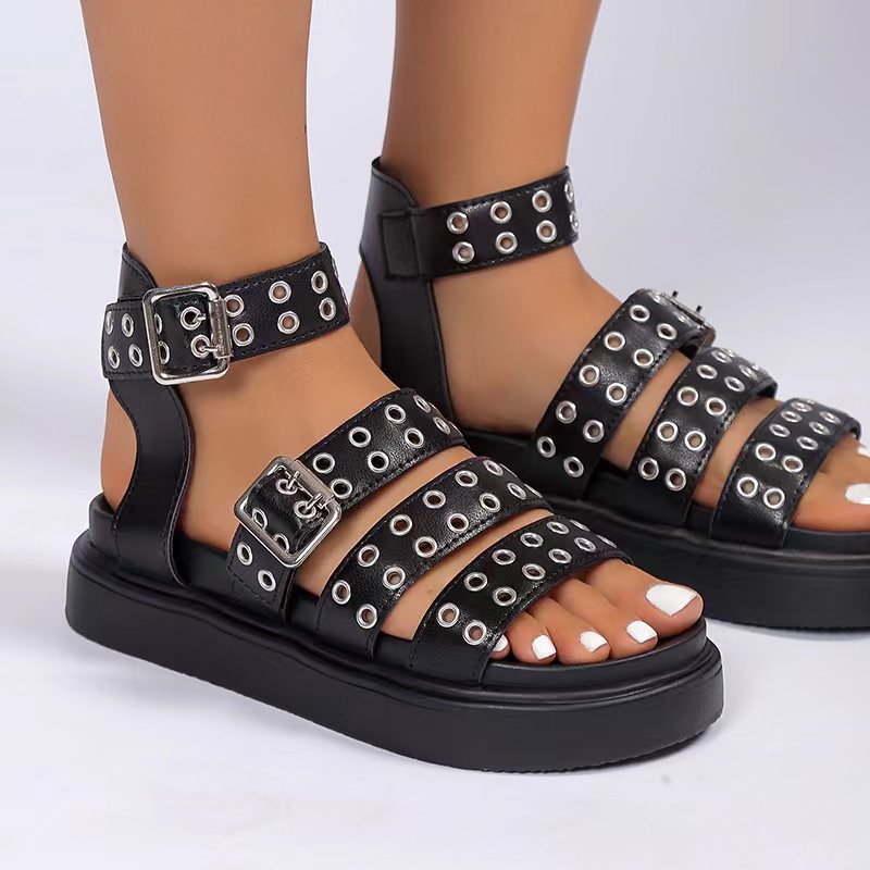 Damen-Sandalen mit offener Spitze und dicker Sohle, Outdoor-Nietenknopf
