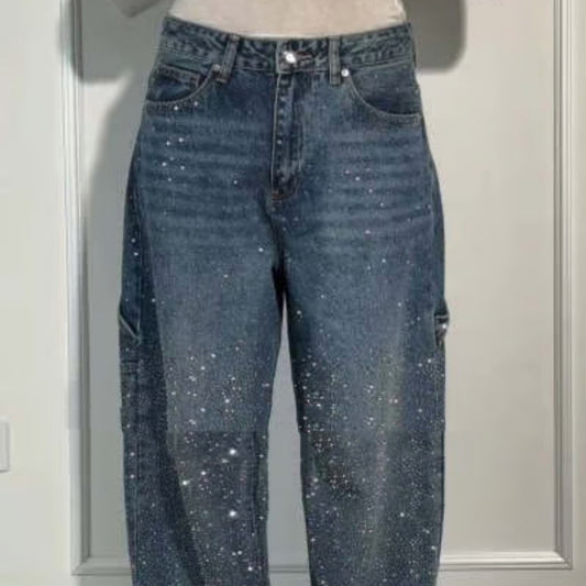 Jeans dritti lucidi Ins con tasche, pantaloni larghi alla moda per le donne, pantaloni in stile street