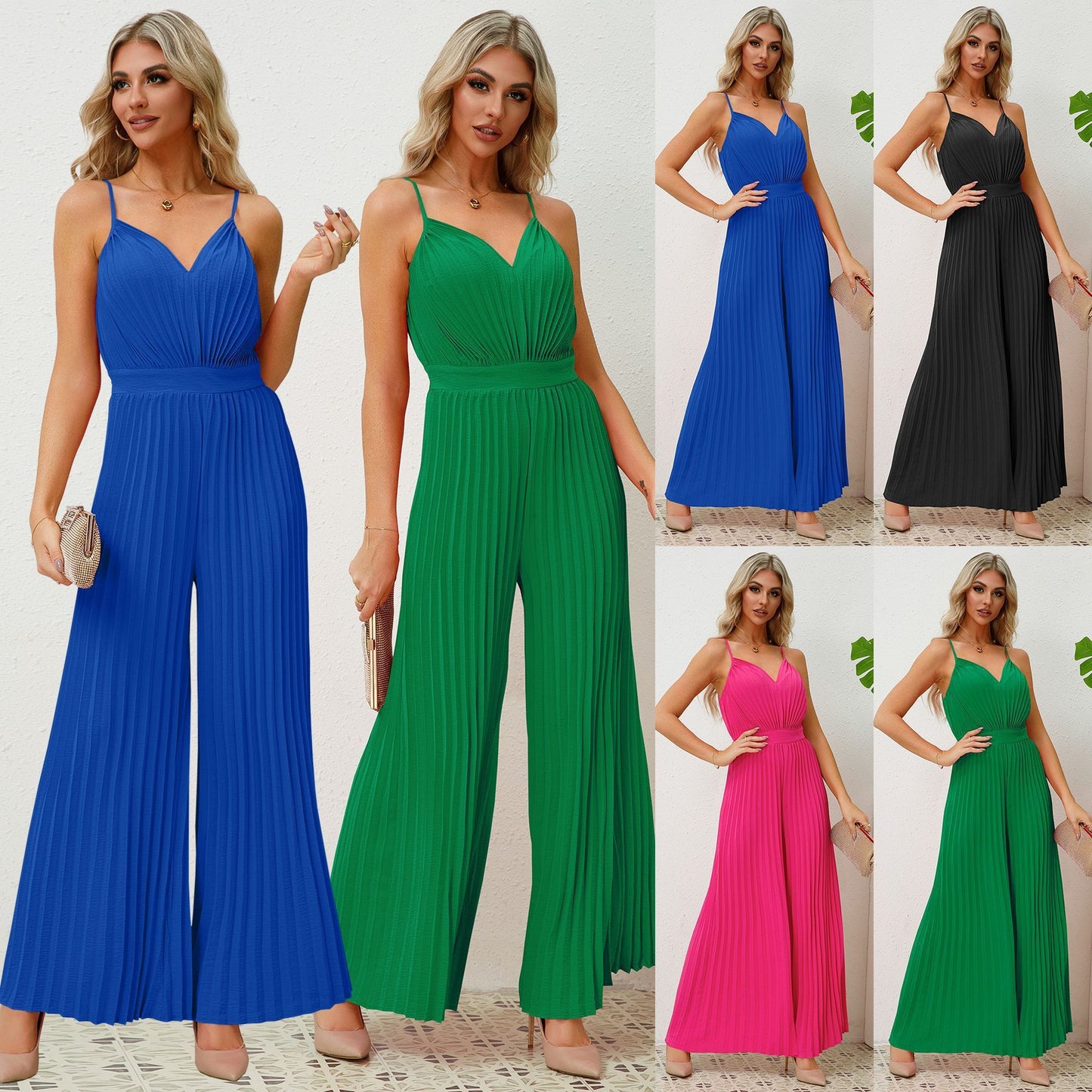 V-Ausschnitt Hosenträger Plissee Jumpsuit Volltonfarbe Lose Gerade Hose Damenbekleidung