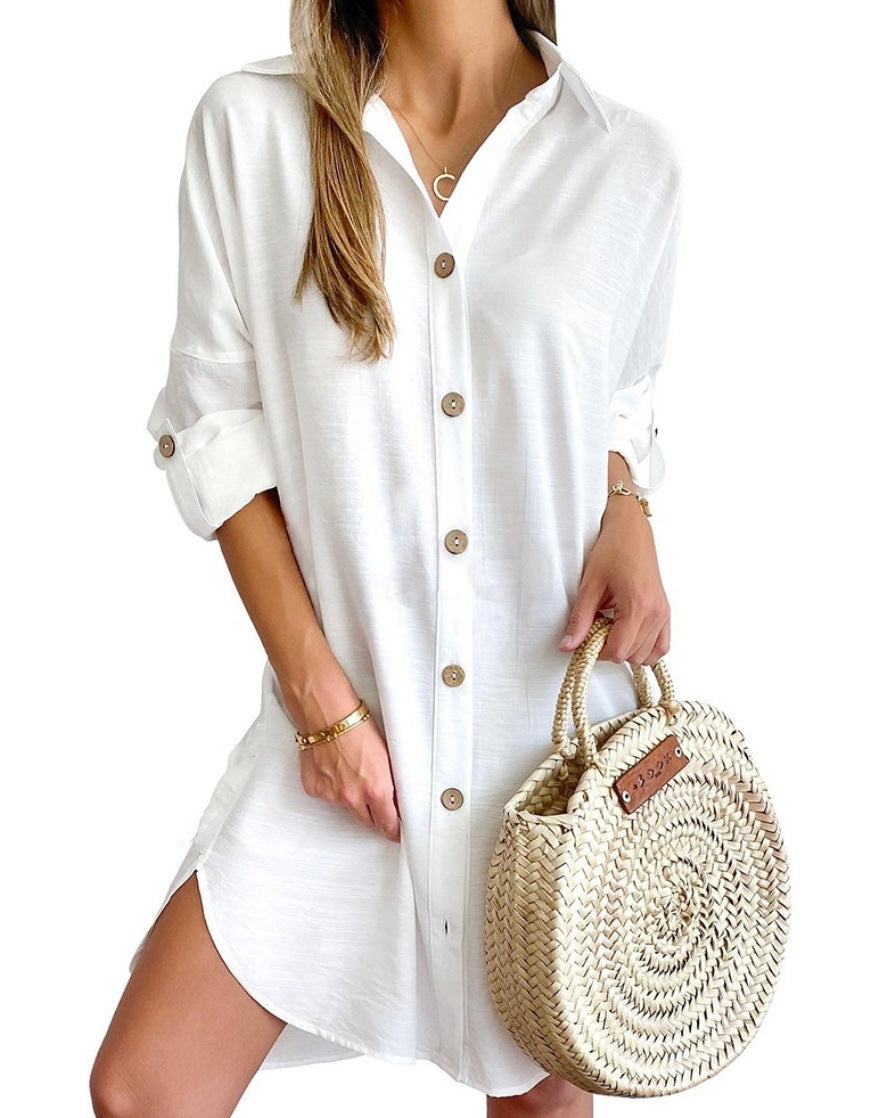 Abito camicia a maniche lunghe con risvolto e bottoni, per il tempo libero autunnale, abbigliamento da donna