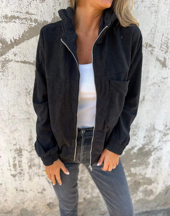 Women's Solid Color Simple Corduroy Hooded Jacket