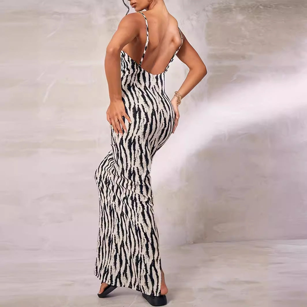 European And American Zebra Print Slim Fit Slimming Spaghetti Straps V-neck Dress