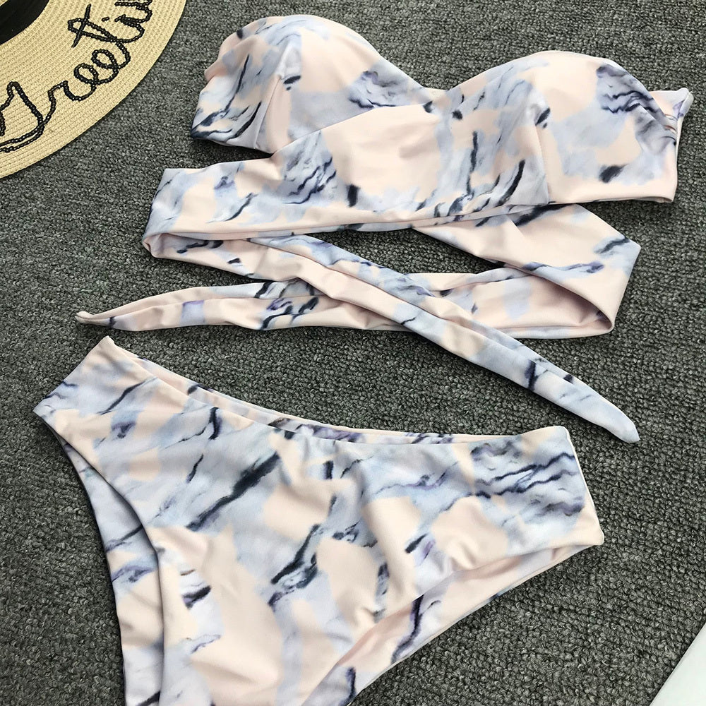 Sexy geraffter Bandage-Bikini-Badeanzug mit hoher Taille für Damen