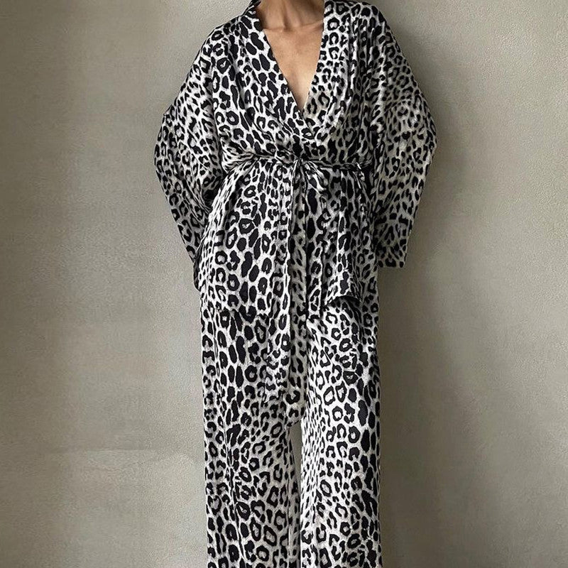 Pantaloni a maniche lunghe con stampa leopardata, abito allacciato, nuovo abito due pezzi da donna