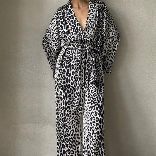 Pantaloni a maniche lunghe con stampa leopardata, abito allacciato, nuovo abito due pezzi da donna