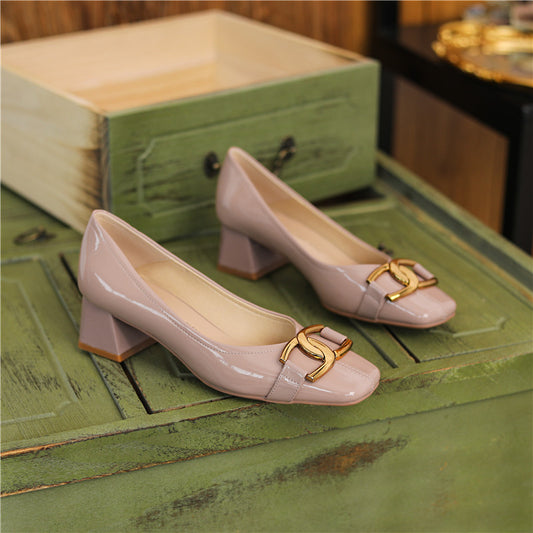 Sheepskin Square Toe High Heels Women's Thick Heel Patent Leather Metal