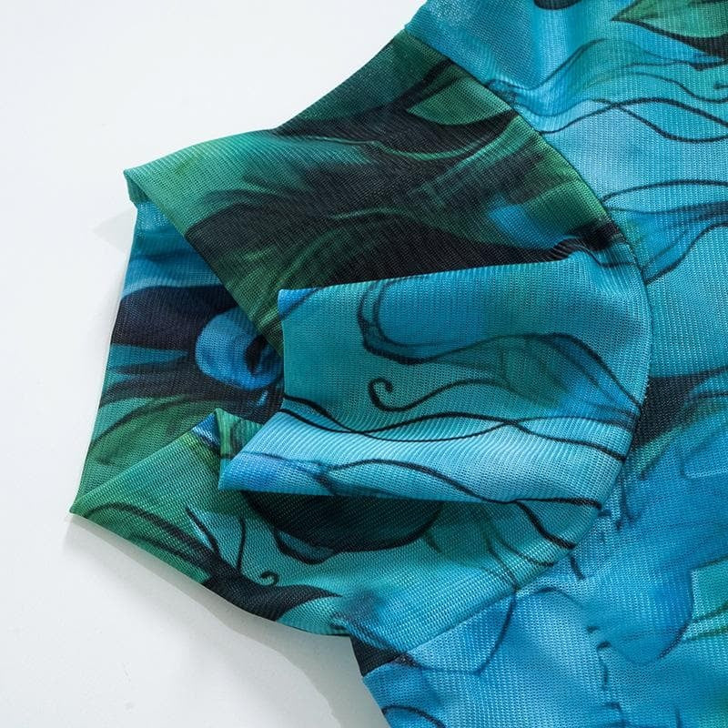 Mini abito con maniche a campana e scollo rotondo stampato in rete