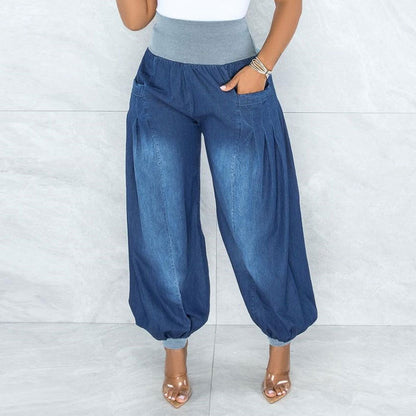 Sommer Dünne Lose Weite Bein Hosen Harem Hosen Elastische Taille Denim Hosen Frauen