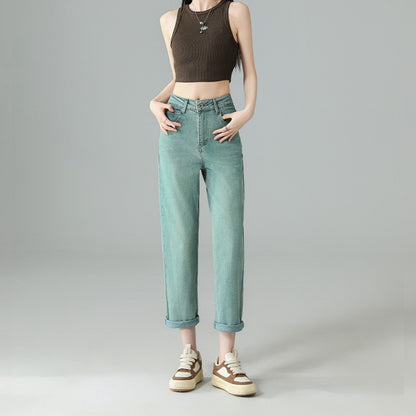 Jeans dritti ricamati cropped verde menta da donna
