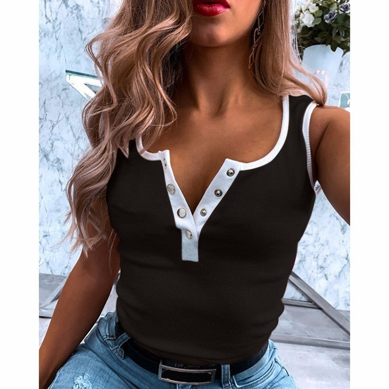 Women's Sleeveless V-Neck Top Casual Tight T-Shirt
