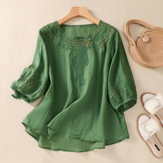 Camicia estiva vintage in cotone e lino ricamata a mezza manica