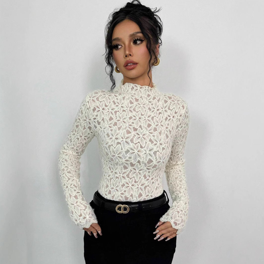 Maglietta aderente in pizzo con collo alto e orecchie in legno da donna